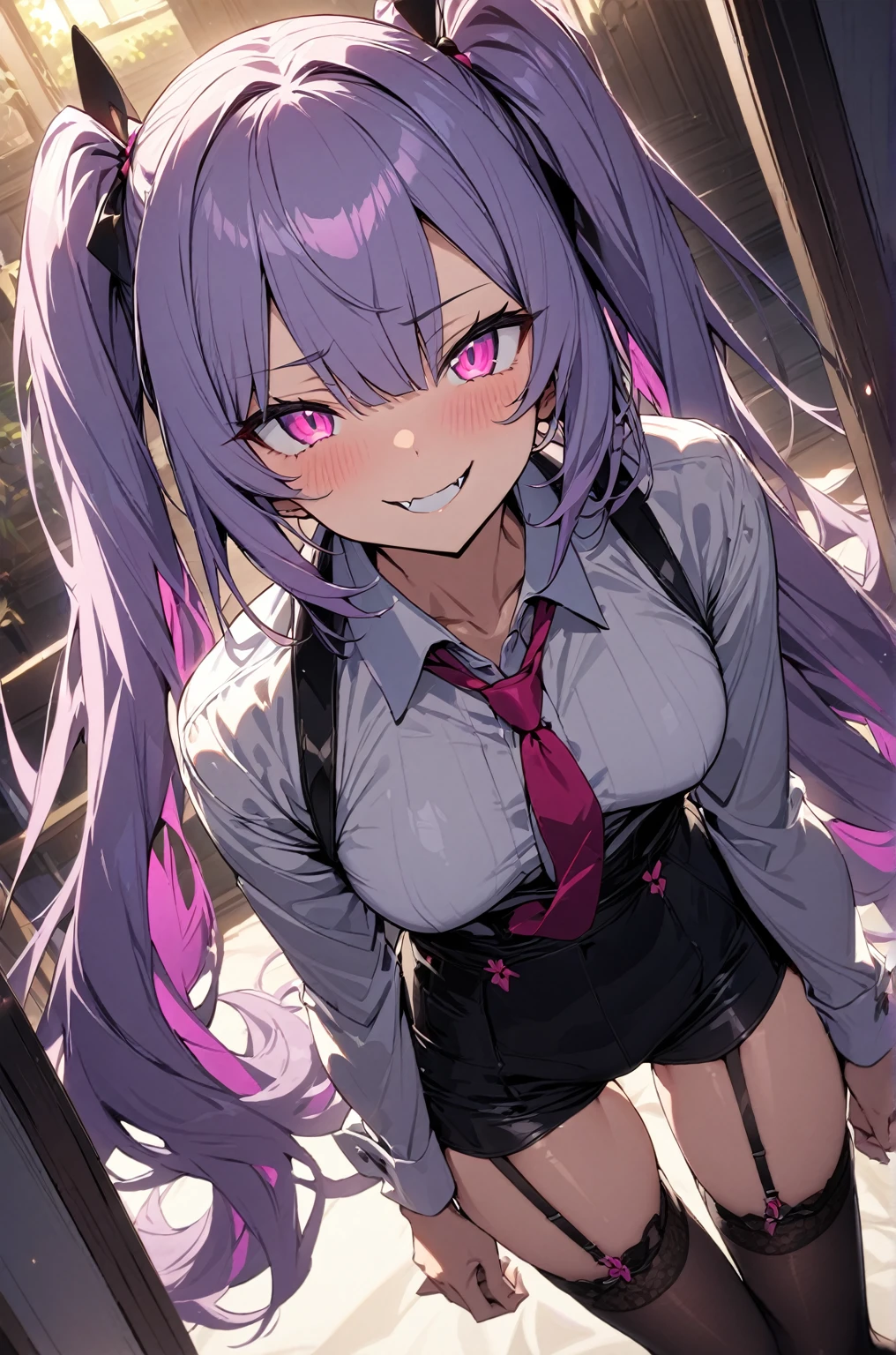 a handsome girl, solo,
violet long hair, twintails, bangs, pink eyes, bright eyes, fang,
tie, black shorts, garter rings, black tights, naughty smile,
perfect lighting, best angle,
masterpiece, best quality, extremely detailed face, extremely detailed,