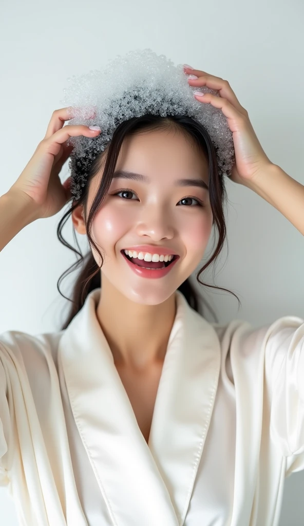 Create an Asian beauty,Beautiful beautiful big eyes,Regular facial features,Wearing a white satin bathrobe,Scratch your scalp with both hands,Two hands washing hair on top of head,头顶上有很多Real bubbles和水,Foam wrap head,Real bubbles,Open your eyes,The expression is happy,Upper Body,The characters are realistic and realistic,Pure white background,Character front position,9:16 frames,Ultra-high-definition picture quality