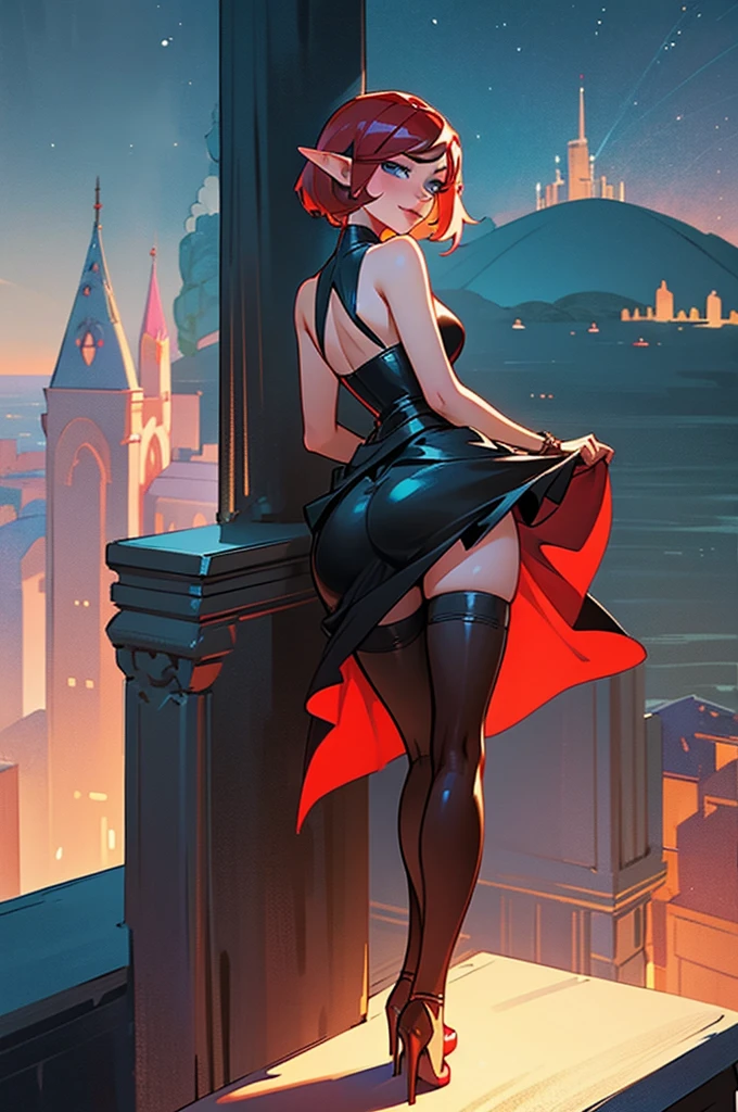 1girl, female mature elf, curvy body build, short red hair, blue eyes, black leather shoulderless evening dress, long flowing skirt, black stiletto high heels, black leather thigh high stockings, seductive smile, seductive pose, standing on balcony near lake, full pouty lips, back view, head tilted towards viewer