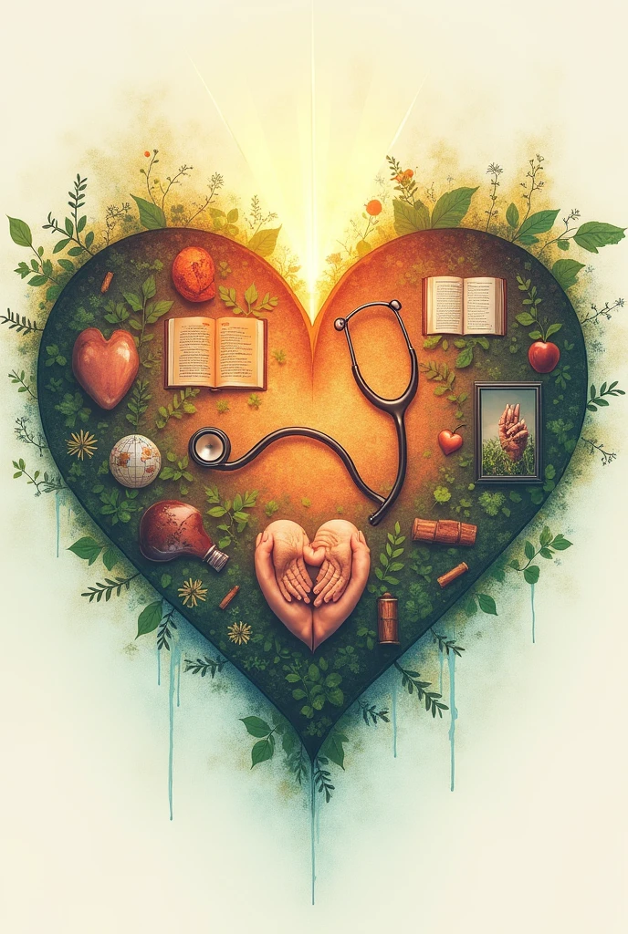 Create a heart with images related to health, education and support 