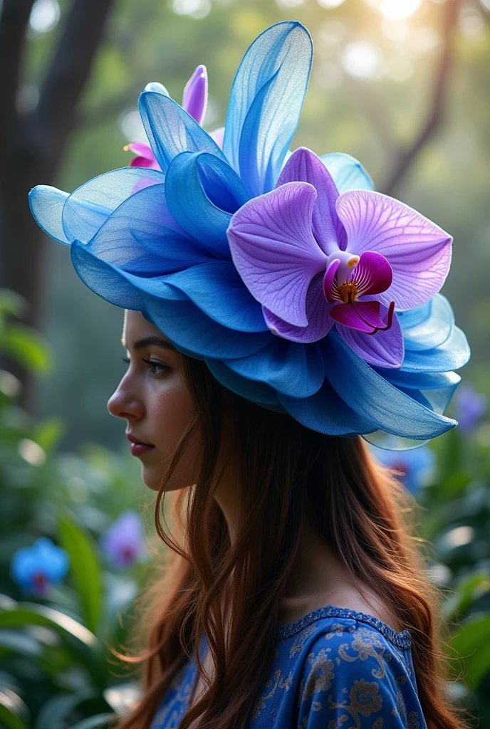 Blue purple orchid flower shaped weaving hat designs. Get a design using orchid flower using ribbons