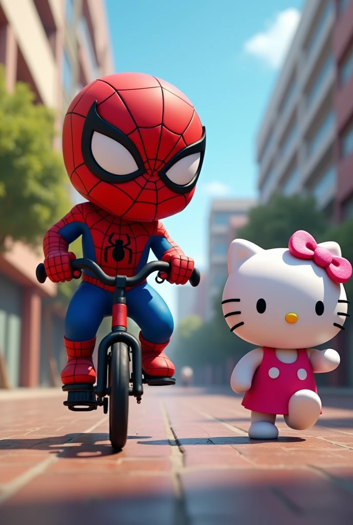 Give me an image where Spiderman in animation is teaching Hello Kitty in animation to ride a bike But the background is like a sports center and Spiderman is smaller 