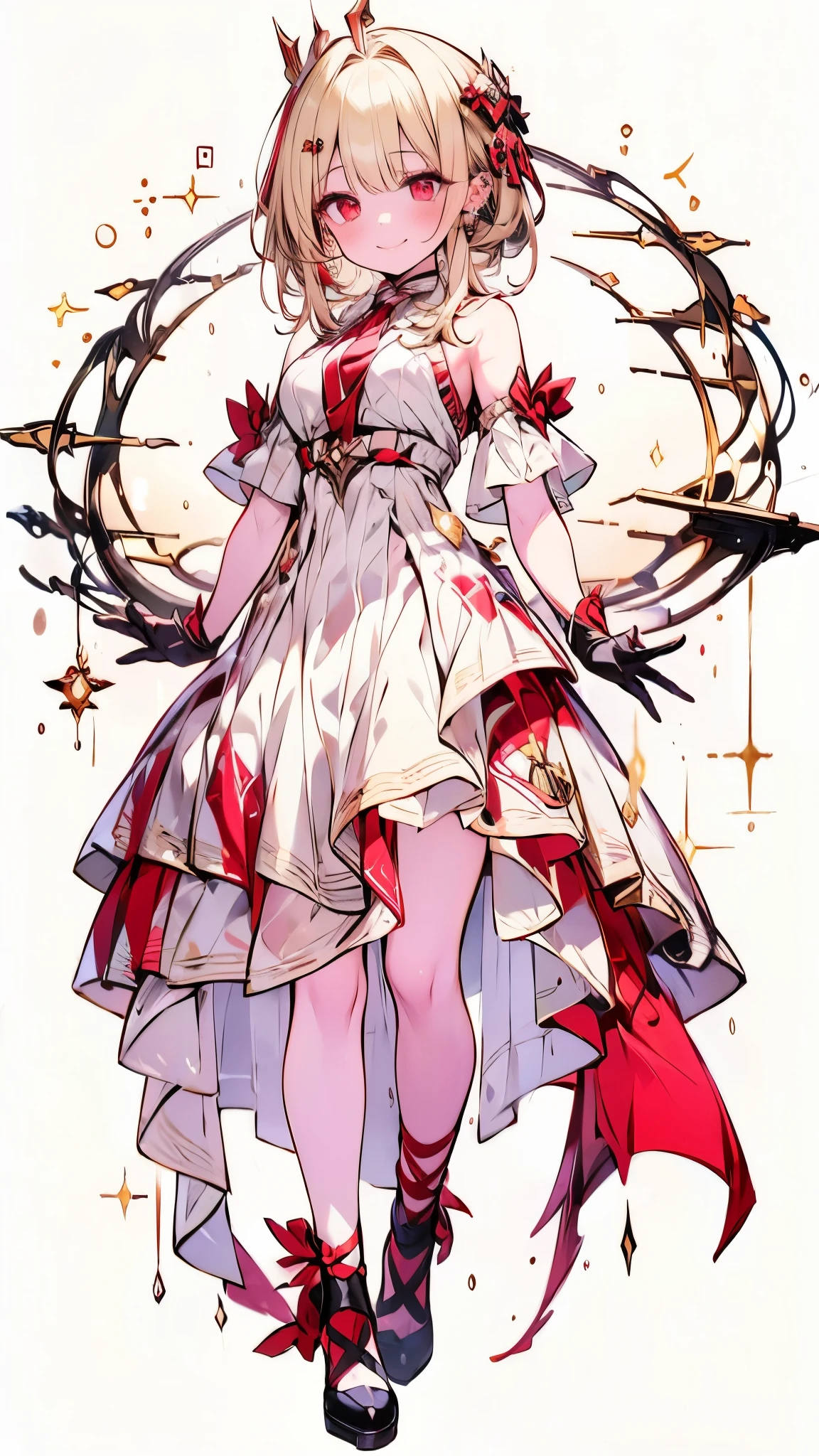 (((Highest quality))), 16K, full body, Overall image, looking at viewer, upright, arms at side, concept art, A young woman with long light blonde hair is standing facing forward。, alone, Red Eyes, smile, simple background, blush, Wearing lace-up shoes,Wearing gloves,Dragon Princess, wrist set, Red tie, hyper quality, highly detailed 