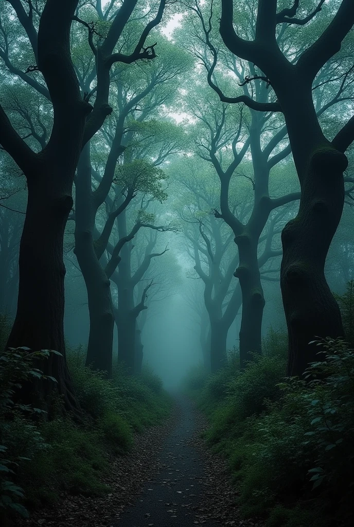 a dark forest with a path in the middle of it, dark forest and trees, sinister and mysterious forest, mysterious and scary forest, in the middle of the dark forest, dark forest in the background, deep inside the forest, the dark forest looms, dark forest in the background, spooky forest, dark wood in the background, in a dark forest little light, dark forest