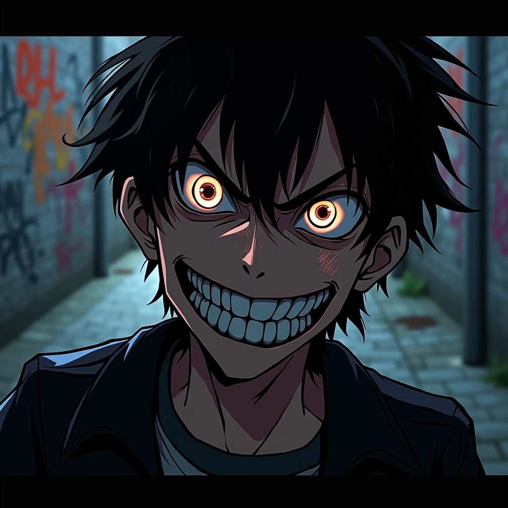 A psycho man, crazy look, 2D anime style, detailed face, detailed, focus on face, HD, 8k quality 