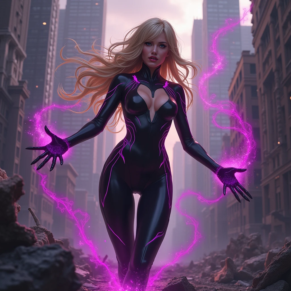 Beautiful and seductive, overflowing with dark power, an evil villainess floats above the recently destroyed husk of a heavily populated city. Dark purple tendrils of energy flow across her lithe fingers. Blonde hair with side swept bangs, glossy red lips curled into a sinister smirk as see views the destruction with glee. Across her body, a skintight costume made of black with accents of pink reflect the power flowing from her godlike form. Evil triumphs.