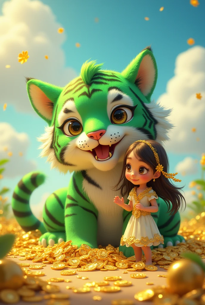 Green colored tiger happy with lots of golden and smiling rich and strong and very cute and have lots of gold with him and rich and smile cute. With girl beautiful