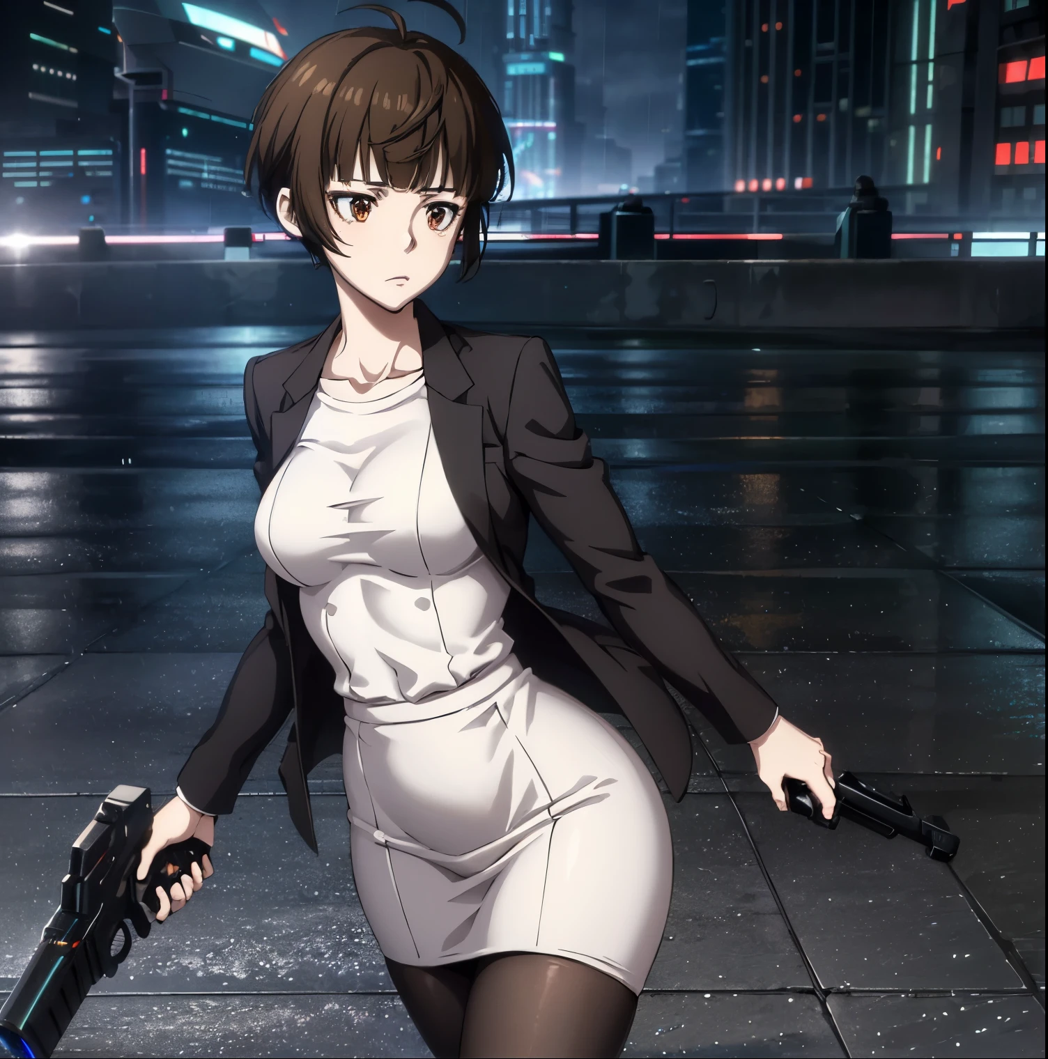 ((1girl)),((alone)),tsunemori akane, (psycho pass),(masterpiece), (best quality), (ultra detailed), (best illustration), (best shadow), (absurdities), focus sharp, cowboy shot, atmospheric perspective, depth of field, dynamic posture looking at viewer, medium breasts, narrow waist, wide hips, wide thighs, round butt, erotic, romantic, (highly detailed eyes, 1.1 lips), highly detailed eyes , eyes, Very detailed face, Very beautiful face, Symmetrical face, Aesthetic face, perfect face, perfect eyes, detailed eyelashes: 1.5), full height, beautiful slim figure, femininity, expressive appearance, elastic medium breasts, sexuality, half-open lips, brown hair, short hair, brown eyes, white skin, pencil skirt, skirt tight, white shirt, dress shirt, tight shirt, black jacket, open jacket, tight jacket, black pantyhose, black skirt, serious, walking, gun, holding gun, curves, defined body, Perfect and beautiful body, perfect and beautiful, closed mouth, serious expression, neutral grimace, (sexy pose: 1.2), ((solo)), standing: 1.3,((exterior, cybeppunk landscape, neon lights, cityscape, futuristic streets, futuristic city, light reflection, clouds ,rainy,night,city lights)),looking forward,((focus on waist)), point of view:(from middle), perfect anatomy, perfect hands