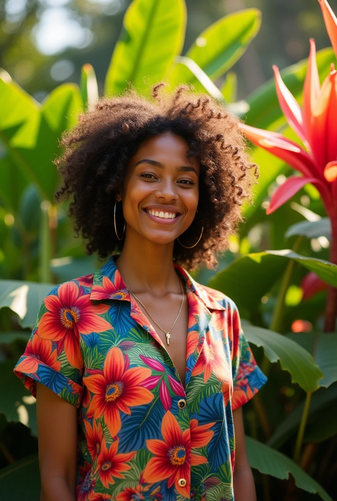 A Brazilian woman in a lush tropical garden, wearing an open shirt with a floral print, with a close-up capturing the harmonious beauty between her breasts and the natural flowers, showing off your natural charm and outgoing personality.