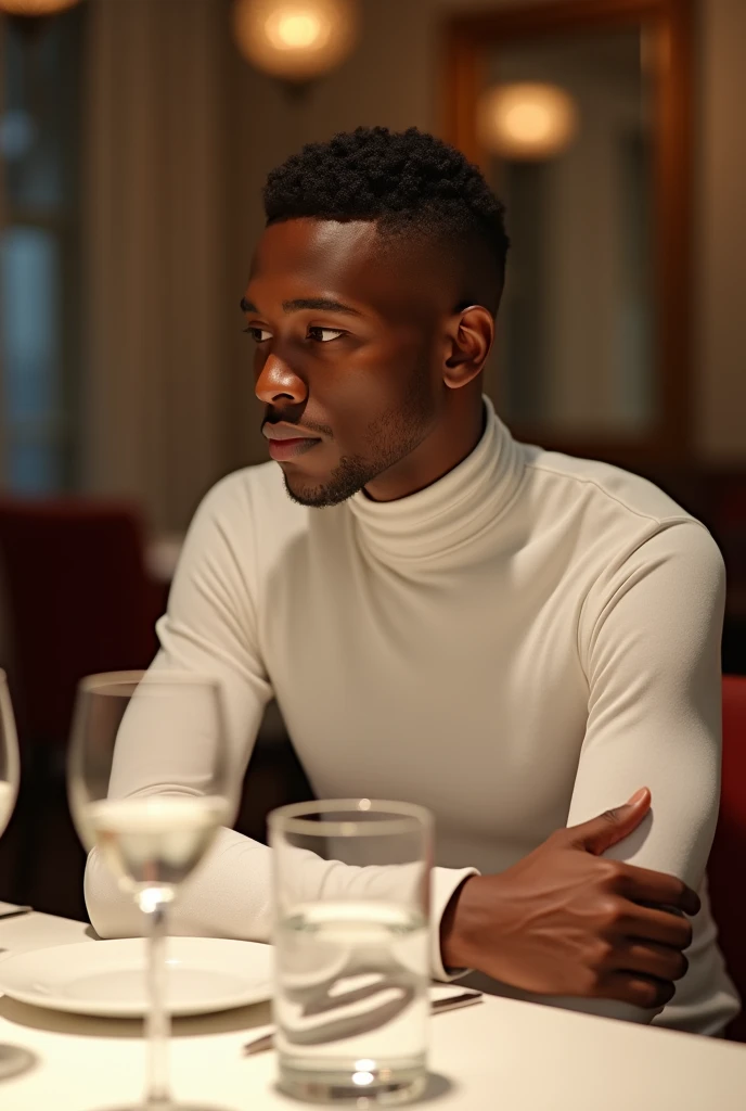 best qualityer:1.4), (ultra high resolution:1.2), (photorrealistic:1.4), (8k, CRU photo:1.2), a thin young man of 20 years old, brown skin, with a smooth, beardless face, with short hair, with shaved sides and a low top, is wearing a white turtleneck shirt. is sitting at a restaurant table. There are two glasses of water on the table.