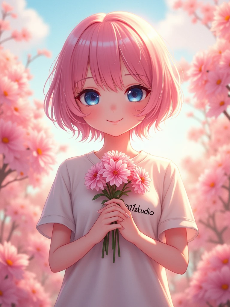 A 23 Year old female character, wearing a casual expensive shirt written sunny1studio, short pink hair, afternoon vision, blue eyes, fantasy, pretty face, cute face reaction, pretty shirt, holding pink pastel flowers