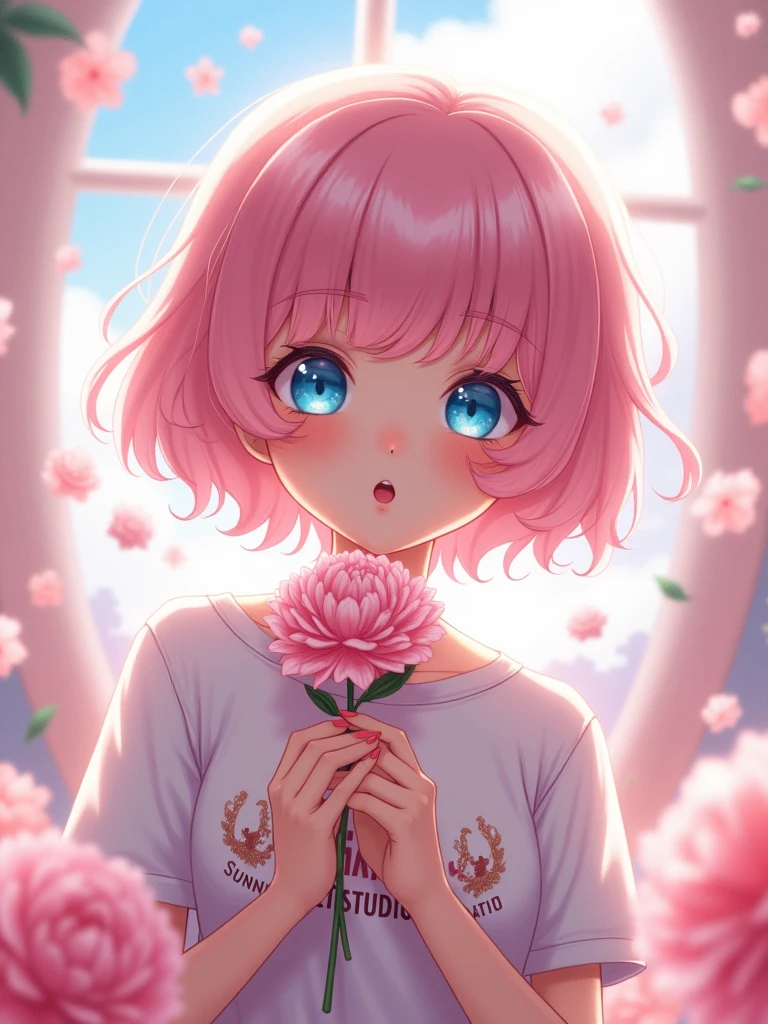 A 23 Year old female character, wearing a casual expensive shirt written sunny1studio, short pink hair, afternoon vision, blue eyes, fantasy, pretty face, cute face reaction, pretty shirt, holding pink pastel flowers