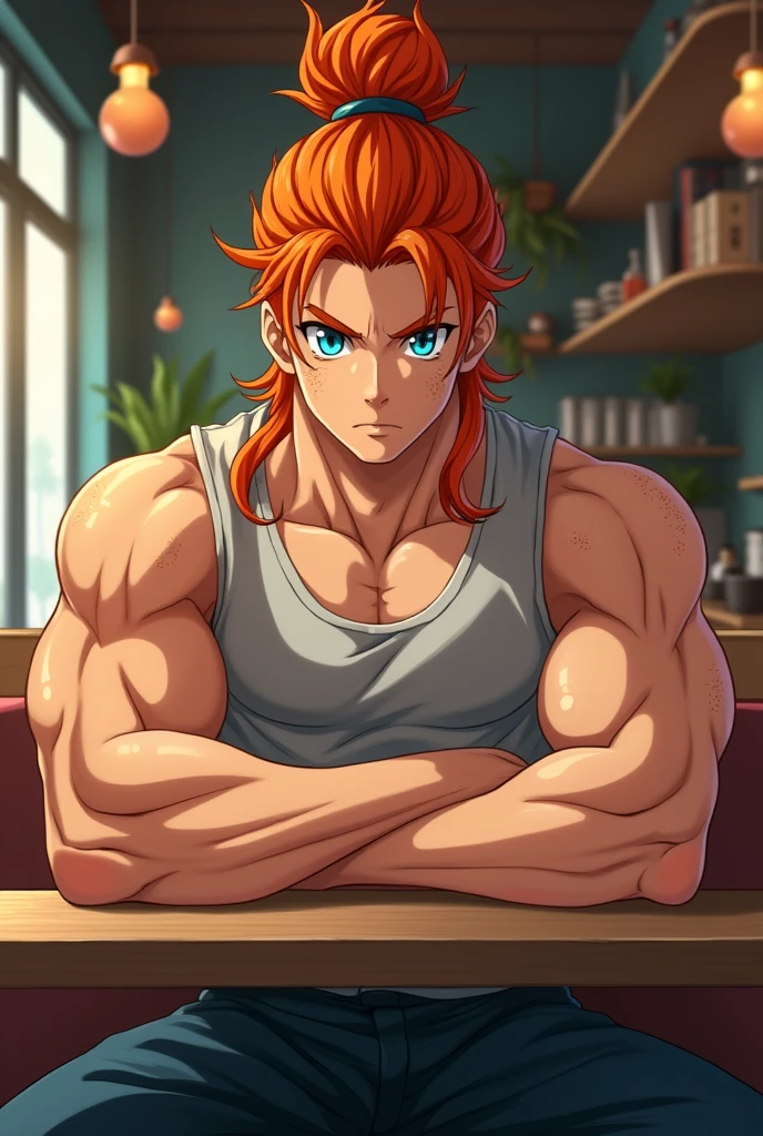 Handsome and muscular man, sitting at a table with legs open, big penis,erect penis, no clothing,hairless,long orange hair tied in a bun, freckles and blue eyes,anime classics of kimetsu no yaiba,hairless, whole body, lion'o