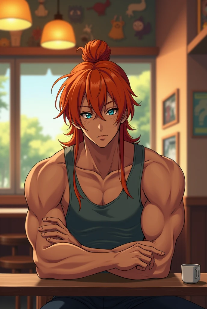 Handsome and muscular man, sitting at a table with legs open, big penis,erect penis, no clothing,hairless,long orange hair tied in a bun, freckles and blue eyes,anime classics of kimetsu no yaiba,hairless, whole body, lion'o
