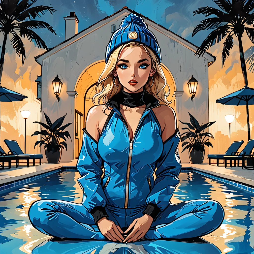 ((open mouth)), (fullbody), night, lotus pose,palm, ((girl in Blue zipped up down winter jacket and black turtleneck )) and (jeans) and blue gloves and (((blue winter hat)))) in a lotus pose next to the pool at the white hotel, white hotel, pool,  adult, [Nordic], Hourglass elongated fitness body, perfect Olive skin, Oval Face, Long neck, Rounded shoulders, perfect hand, Attached Pointed ears, round forehead, (Short blonde Waves pixie hair), snub nose, Arched eyebrows, ((Monolid blue Eyes)), High Round Narrow cheekbones, Dimpled Cheeks, Rounded Chin, Rounded Jawline, Full nude Lips, (blue eyes), Nude Makeup Look, long eyelashes, third breast size, long slim fitness legs, graphic style of novel comics, perfect hands, 2d, 8k, hyperrealism, masterpiece, high resolution, best quality, ultra-detailed, super realistic, Hyperrealistic art, high-quality, ultra high res, highest detailed, lot of details, Extremely high-resolution details, incredibly lifelike, colourful, soft cinematic light,