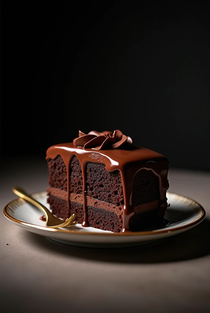 Cinematic Film Still Chocolate、Chocolate cake、Dark background、High quality photos、Wet Texture、Frosting、Studio Photo、slice。Shallow depth of field、Vignette、high detail、High budget、Bokeh、CinemaScope、Moody、grow、gorgeous、Film Grain、granular。