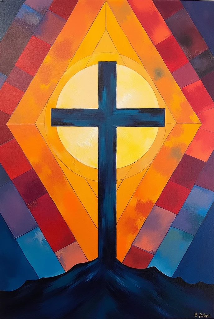Make a painting, that symbolizes in Christianity on a cross, and that its background is decorated with geometric figures. It should be easy to recreate in real life but VERY EASY for a beginner. 
