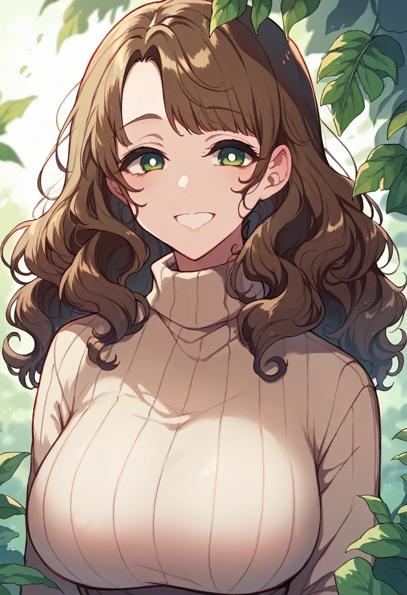 Chestnut brown hair, S-shaped wavy hair, yellow-green eyes, smiling, voluptuous, beige turtleneck close-up