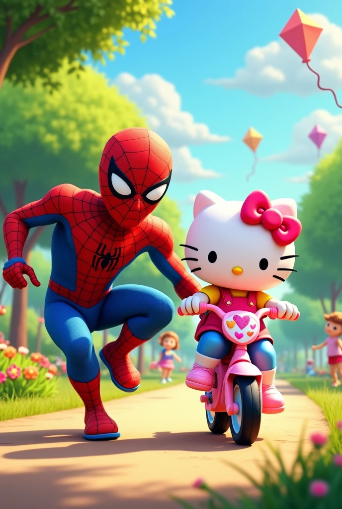 Give me an image where Spiderman in animation is teaching Hello Kitty in animation to ride a bike