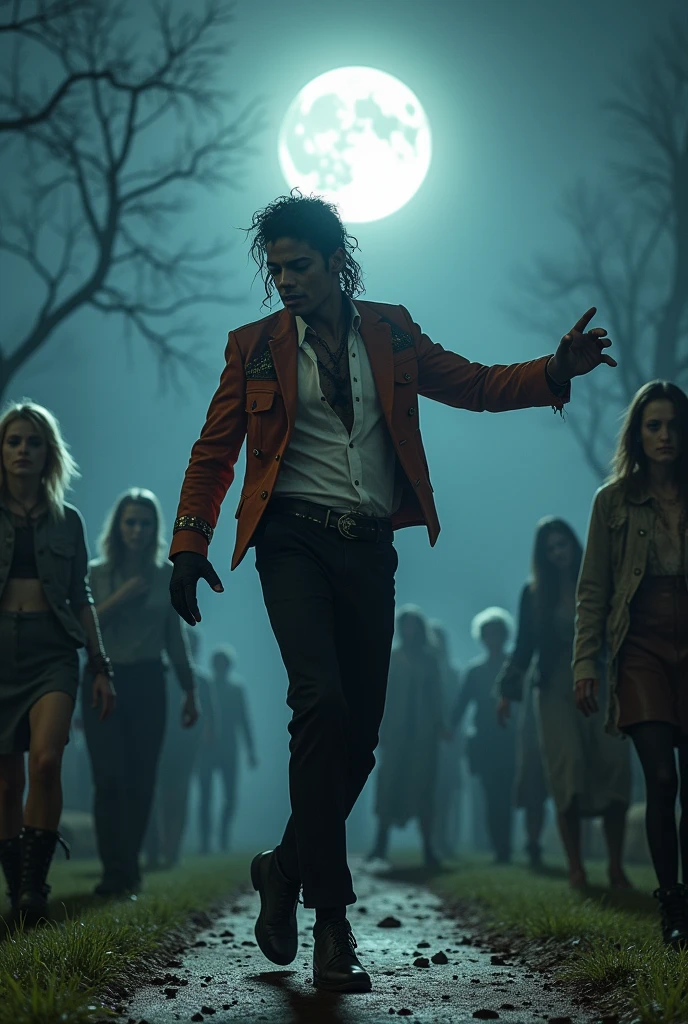 A thrilling scene from the iconic "Thriller" video, featuring Michael Jackson in his signature moonwalk, dancing in perfect harmony with a chilling ensemble of Walkin Dead characters. The undead, clad in tattered clothing and pale makeup, follow Michael's every move, creating a hauntingly captivating tableau against a moonlit graveyard backdrop. The atmosphere is tense yet electrifying, with the iconic music playing in the background, setting the stage for an unforgettable performance.