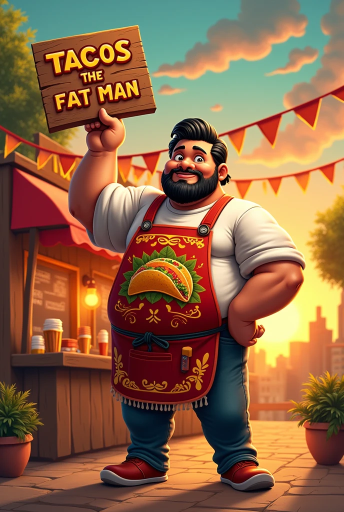 robust man logo, light-skinned and black-haired dressed as a taco maker with a sign that says "Tacos the Fat Man"