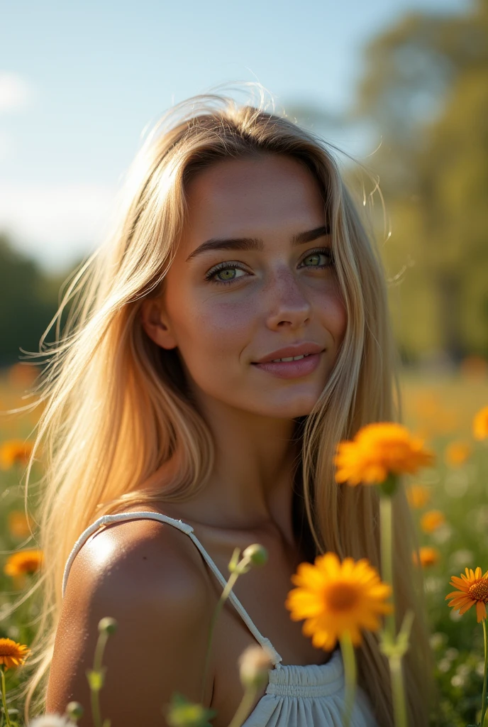 A photorealistic of a 21-year-old russian blond girl with long hair and striking dark eyes. She should have a natural, approachable expression, drive