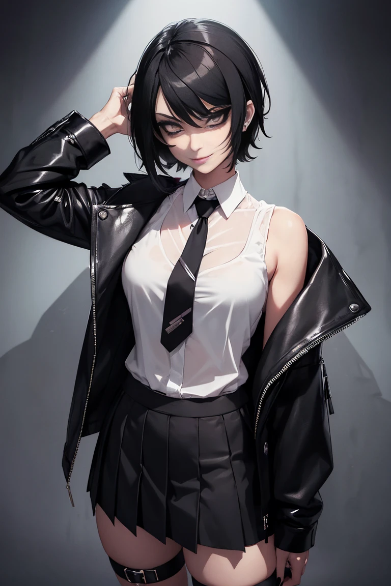 1girl, woman, emo_hairstyle, black lipstick, dog collar, eyeliner, eye shadow, smoky eyes, realistic lighting, school, shirt , necktie, skirt, black tighhighs, short hair, flat chest, shiny skin, smug, smirk, tight clothes, perfect fit.