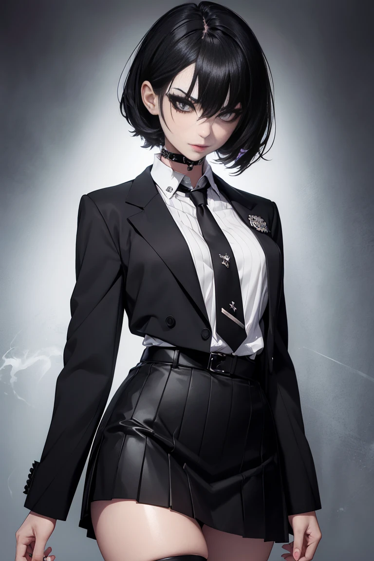 1girl, woman, emo_hairstyle, black lipstick, dog collar, eyeliner, eye shadow, smoky eyes, realistic lighting, school, shirt , necktie, skirt, black tighhighs, short hair, flat chest, shiny skin, smug, smirk, tight clothes, perfect fit.