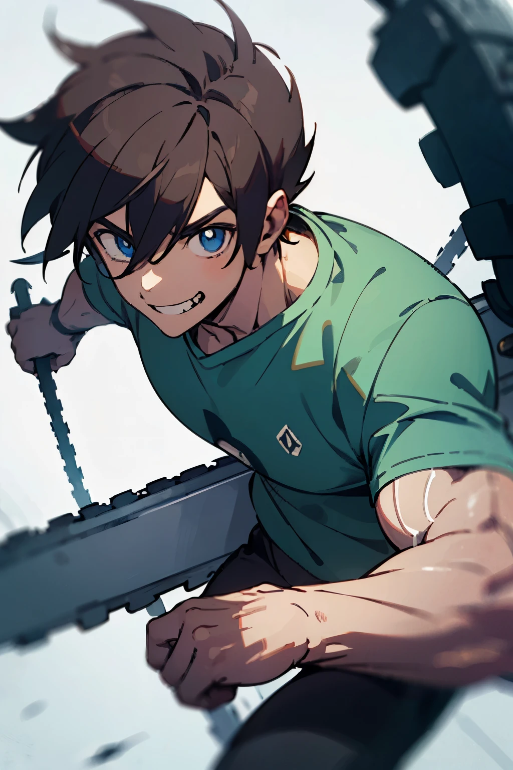 a lovely cute guy with blue eyes and brown hair, stands in a pose, an evil smile, a green T-shirt, holds a chainsaw in his hands, and is also muscular