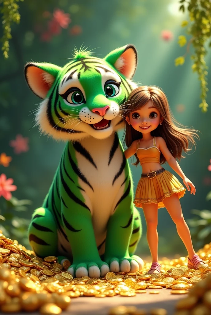 Green colored tiger happy with lots of golden and smiling rich and strong and very cute and have lots of gold with him and rich and smile cute. With teen girl beautiful realistic