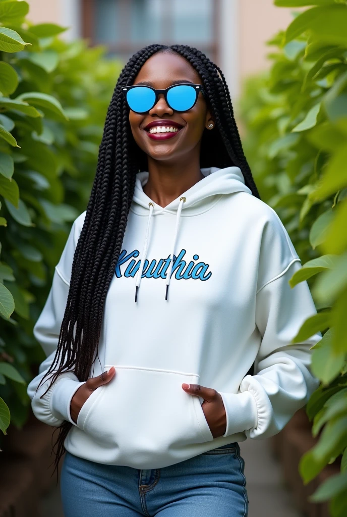 (photorealism:1.2), beautiful black African woman,22 years,sharp boobs,,wearing jeans and a fitting white hoodie written "Kinuthia", smiling,long braids,oversized blue photo chromatic glasses, standing , plants in background, Nickie Minaj inspiration