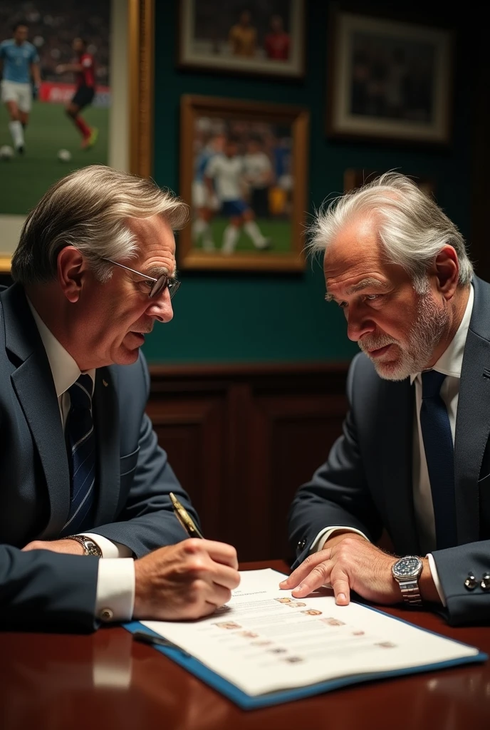 Take two football managers who are looking at a contract, thinking about your future, This contract has a German stamp, england,Italy and Netherlands