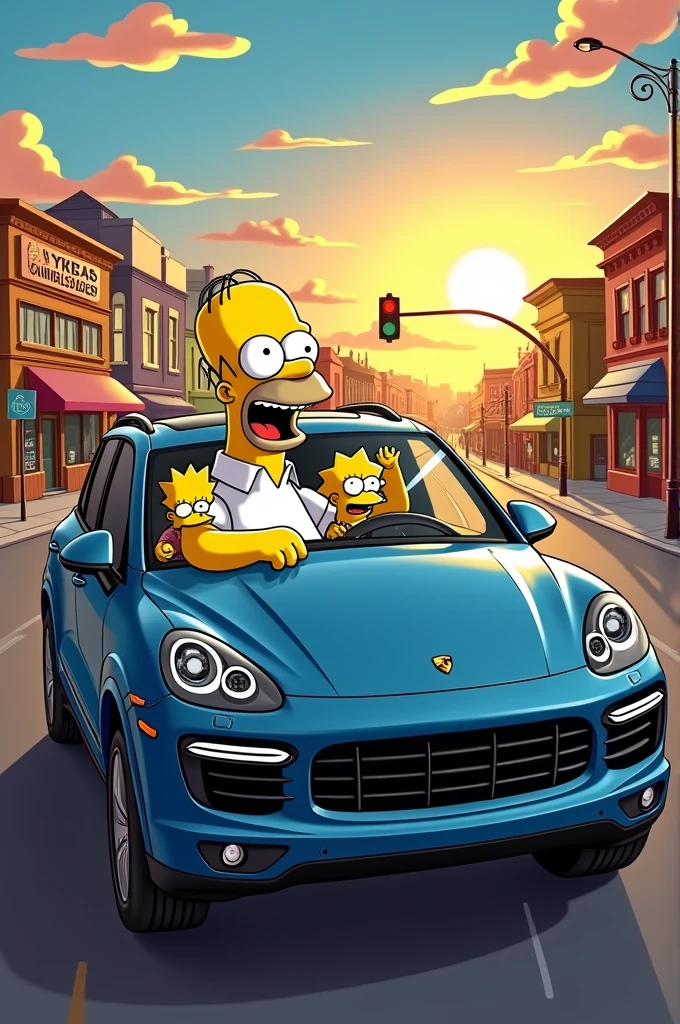 Simpson character driving Porsche Cayenne