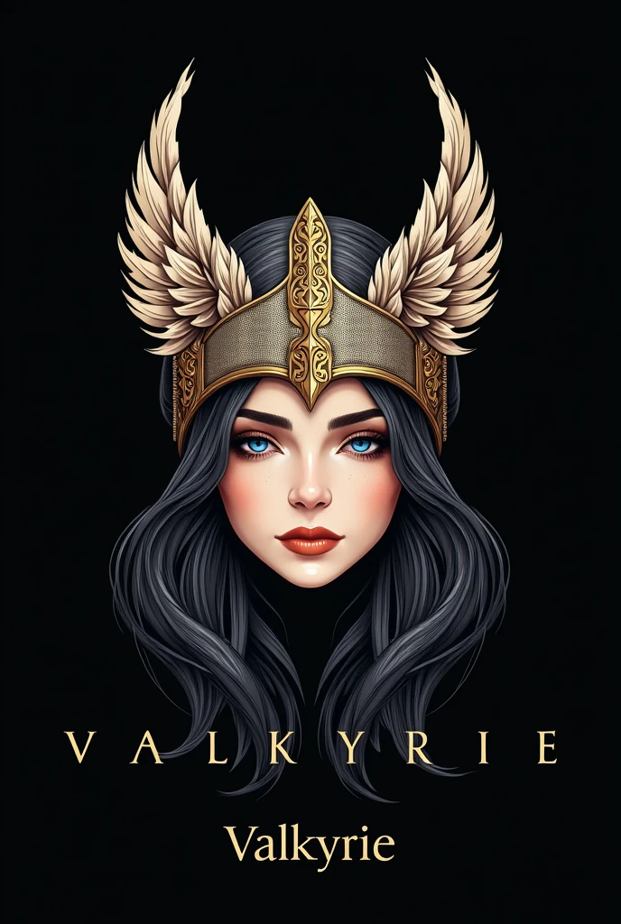 Create an illustrated logo depicting a Valkyrie with a serene and imposing expression. The face must convey confidence and elegance, with striking and sophisticated features. The helmet must have a detailed and stylized design, with elegant lines and subtle embellishments, like feathers, covering the eyes to give a mysterious and imposing air. Use a metallic color palette, como prata ou ouro, for the helmet and combine with a dark background or a deep, rich tone to create contrast. Incorporate subtle details and textures into the helmet to add depth and complexity, maintaining the simplicity necessary for the logo's versatility. Include the name "Valkyrie Cosmetics" with a sophisticated font that complements the face and helmet design, keeping the typography discreet and elegant.