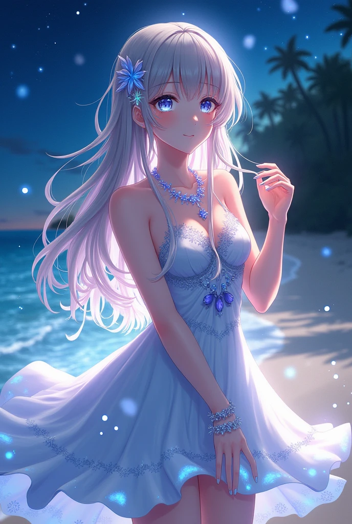 (masterpiece,Highest quality,,8k,High resolution),One female,(Beautiful Face,Beautiful Face)Beautiful eyes,Beautiful lips,,Silver blonde hair,,(Anime Girl)、Sandy beach with a view of the forest,A bright night with stars visible,Mysterious light particles emitting from the body、Very mysterious light、jewelry,necklace,dress,(whole body),Highly detailed anime art,A complete portrayal、
