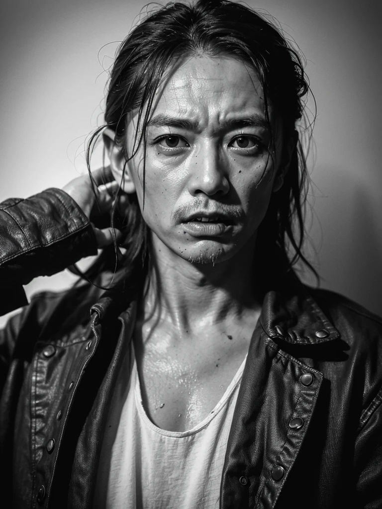 realistic portraitA haunting close-up of a male human face, depicting a middle-aged Asian zombie around 30 years old. His eyes are chilling, with only hard, cloudy white pupils. The top half of his head is grotesquely split open, exposing a portion of his brain, with the remaining scalp concave and mangled. His mouth is agape, drooling in a horrifying manner, and he is dressed in a ragged, filthy white shirt that hangs loosely on his decaying frame. His posture is unsteady, as if he can barely walk. The scene is set against a dark, desolate cityscape, shrouded in an eerie atmosphere. Wisps of white smoke float ominously, enhancing the sense of dread. The image is rendered in the grainy, monochromatic style of vintage horror films, with high-contrast lighting that casts deep shadows and sharp highlights, emphasizing the textures of decaying flesh and tattered clothing. The overall composition is tight and intense, focusing on the zombie's face and upper body, capturing every gruesome detail with disturbing clarity. The emotional atmosphere is one of pure terror, evoking a visceral reaction of fear and revulsion.