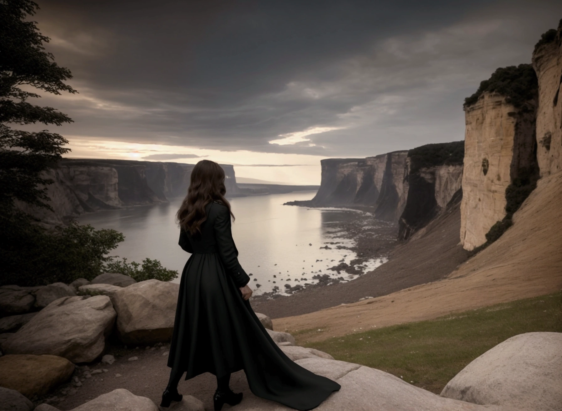 A dramatic and evocative scene of a person walking through a dark, shadowy valley with towering, ominous cliffs on either side. Despite the darkness and foreboding atmosphere, the person appears calm and unafraid. A soft, reassuring light shines from the side, symbolizing the comforting presence of divine guidance. The light creates a gentle path illuminated through the darkness. The text 'Mesmo quando eu andar pelo escuro vale da morte, não terei medo, pois tu estás ao meu lado' is integrated into the scene, perhaps glowing softly or written in the sky. The overall image conveys courage and reassurance amidst fear and darkness, 16k resolution, ultra HD, realistic, vivid colors, pen and ink technique, perfect composition, octane render radiating with soft, volumetric, cinematic lighting, trending on ArtStation, photorealistic concept art, artistic photography, ultra fine, highly detailed, beautiful, detailed, intricate, insanely detailed, octane render, trending on ArtStation, 16k artistic photography, photorealistic concept art, soft