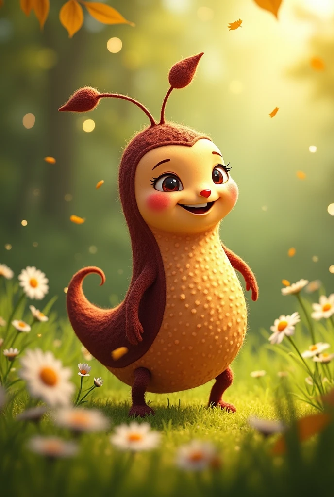 it is a seed named  zoi. it is marroon and brown and caramel color. and has no gender. longed shape. it is a SEED it is a character adressed to kids