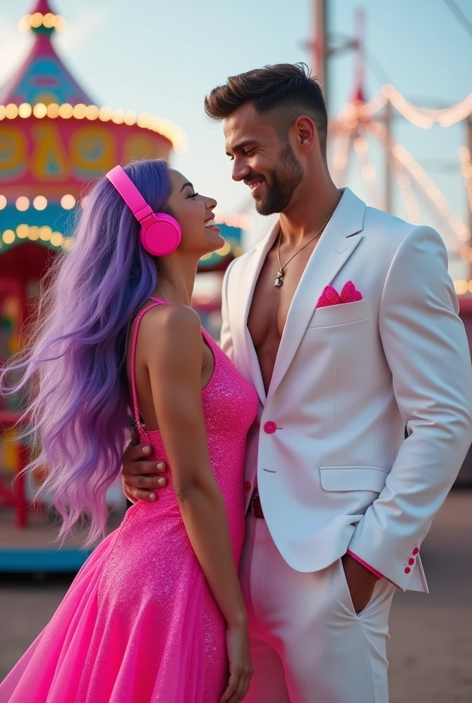 Korean purple hair butterfly woman with pppheadphone in pink outfit and pink headphone and neon pink glitter dress squeezing perfect body and perfect face/ muscular pink haired man with suit young man white suit with pink and /amusement park background p..pp
