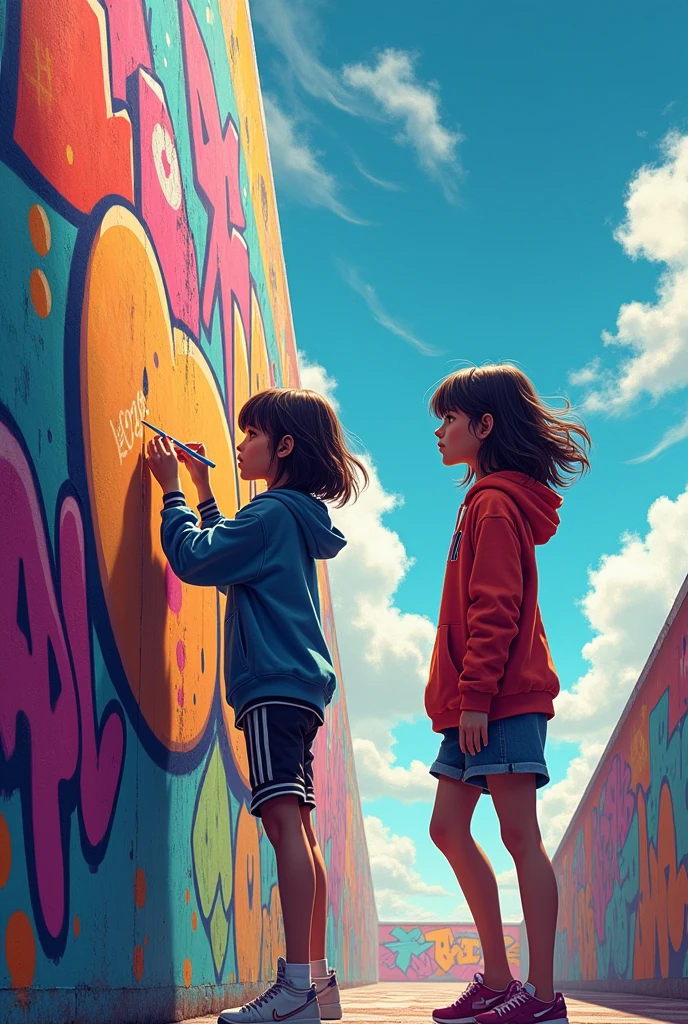 (best qualityer), work of art, extremely detailed 8K CG uniform illustration, high color, extremely high color saturation, all the colors deepened, paint, graffiti art, central composition, extremely detailed light and shadow, parede de graffiti, wall painted bright, 1 girl writing graffiti 1 girl looking at the wall, extremly detailed face and eyes, Medium length hair, Sportswear, colorful clouds