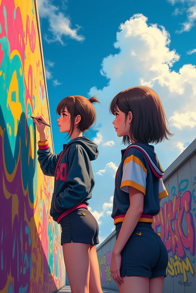 (best qualityer), work of art, extremely detailed 8K CG uniform illustration, high color, extremely high color saturation, all the colors deepened, paint, graffiti art, central composition, extremely detailed light and shadow, parede de graffiti, wall painted bright, 1 girl writing graffiti 1 girl looking at the wall, extremly detailed face and eyes, Medium length hair, Sportswear, colorful clouds