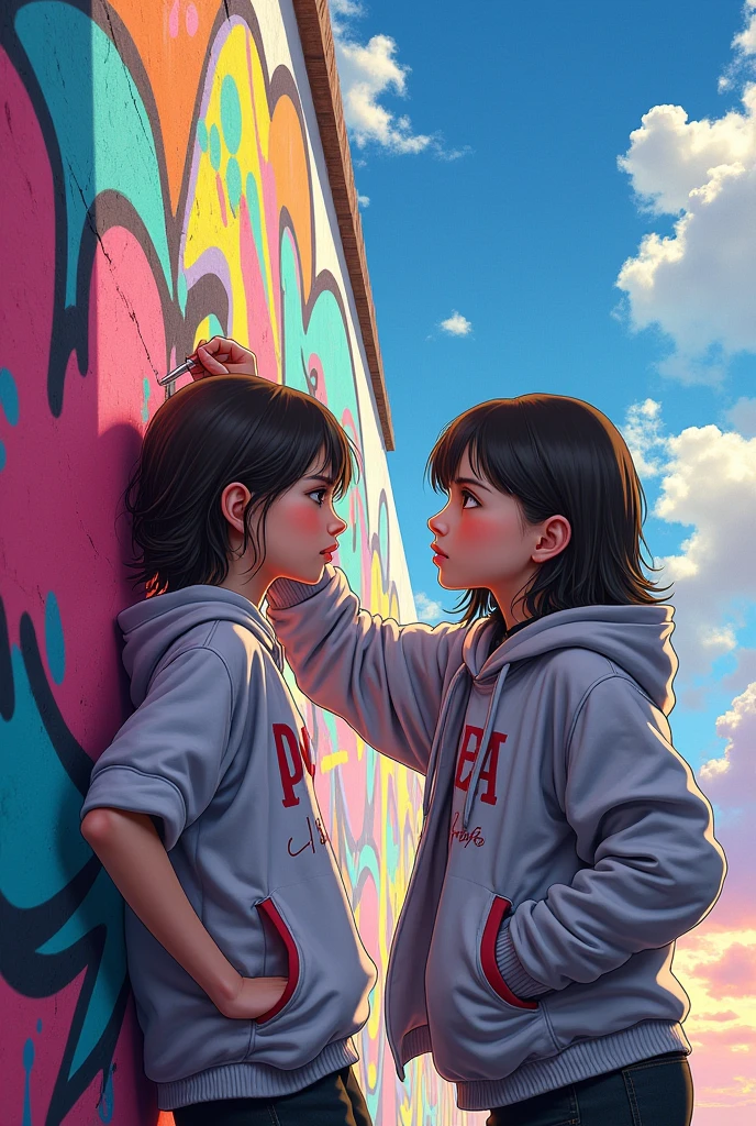 (best qualityer), work of art, extremely detailed 8K CG uniform illustration, high color, extremely high color saturation, all the colors deepened, paint, graffiti art, central composition, extremely detailed light and shadow, parede de graffiti, wall painted bright, 1 girl writing graffiti 1 girl looking at the wall, extremly detailed face and eyes, Medium length hair, Sportswear, colorful clouds