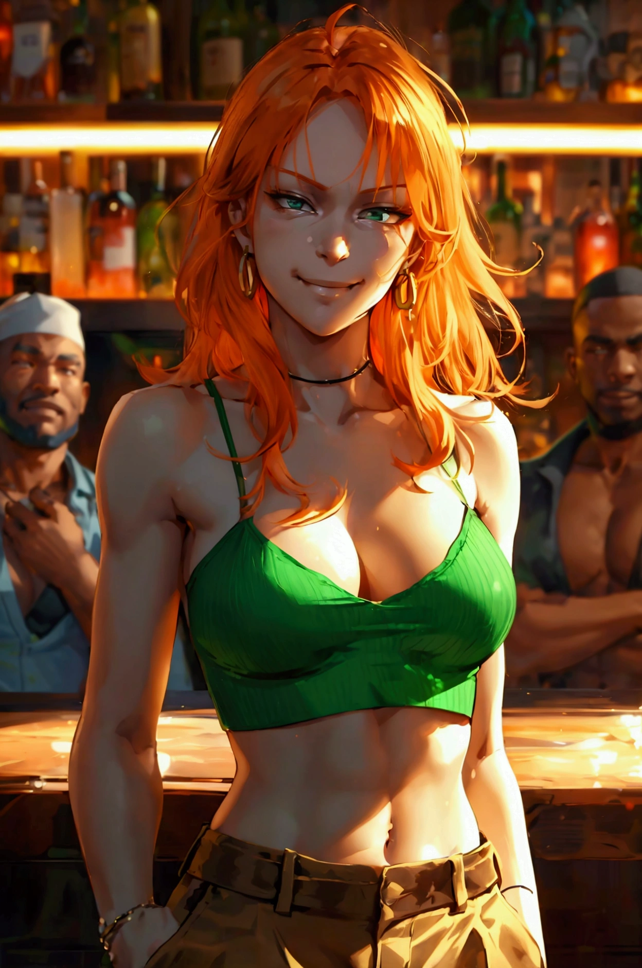 A orange hair white woman with a  body wearing a green crop top and brown pants in a bar and has a (smug confident expression:1.3) and is surrounded by black men without shirts