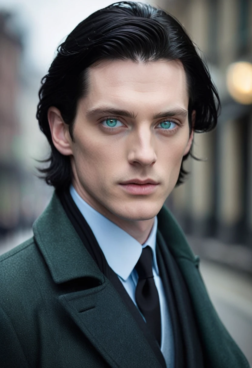 cold man, neutral, Hard, indifferent expression, slicked black hair, Hard, light blue-green eyes, nobleman, Extremely pale skin, wears a black overcoat under a black suit and tie, age 25 , Adult Face, sharp focus, Soft, standing alone, masculine, blurred close-up, cinematic lighting. sexiness, sexually. aristocratic. Europeu, Front hair slightly longer than the rest