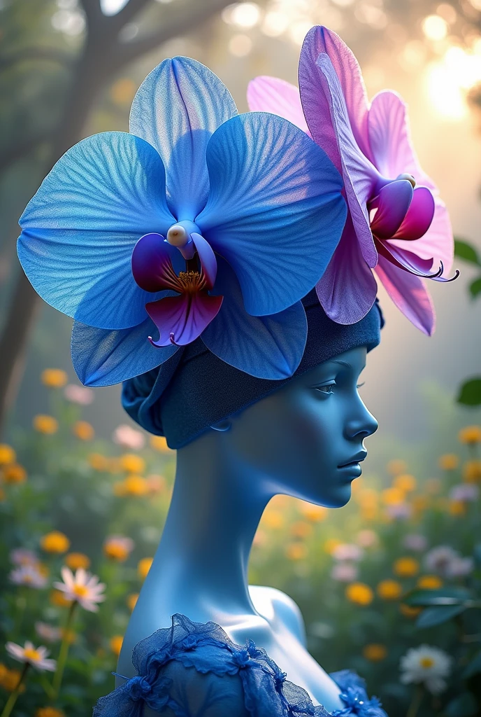 Blue purple orchid flower shaped weaving hat designs. How look design makimg orchid flower using ribbons