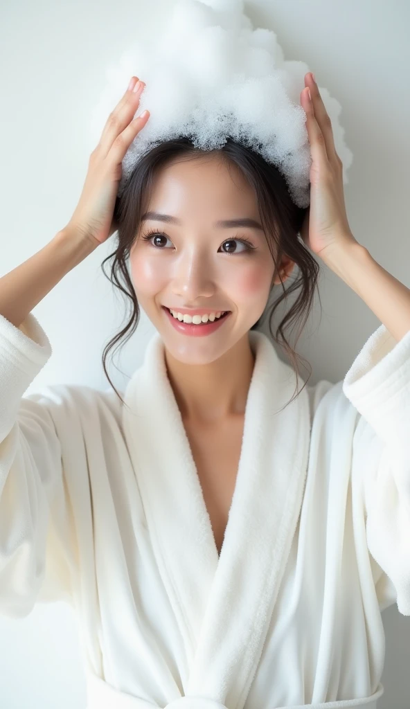 Create an Asian beauty,Beautiful beautiful big eyes,Regular facial features,Wearing a white satin bathrobe,Scratch your scalp with both hands,Two hands washing hair on top of head,Lots of realistic white foam and water overhead,Foam wrap head,Real bubbles,Open your eyes,The expression is happy,Upper Body,The characters are realistic and realistic,Pure white background,Character front position,9:16 frames,Ultra-high-definition picture quality