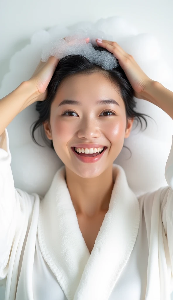 Create an Asian beauty,Beautiful beautiful big eyes,Regular facial features,Wearing a white satin bathrobe,Scratch your scalp with both hands,Two hands washing hair on top of head,Lots of realistic white foam and water overhead,Foam wrap head,Real bubbles,Open your eyes,The expression is happy,Upper Body,The characters are realistic and realistic,Pure white background,Character front position,9:16 frames,Ultra-high-definition picture quality