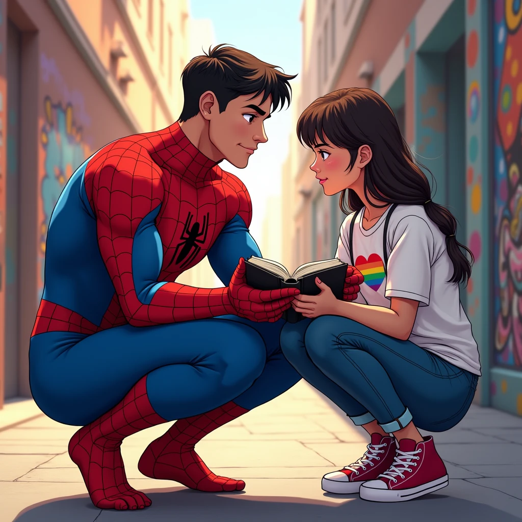 anime art: marvel art style, a masculine 20-year-old male with a big masculine bulge, wearing spider superhero outfit , He's squatting down near a female wearing lgbt shirt to read the bible to her
