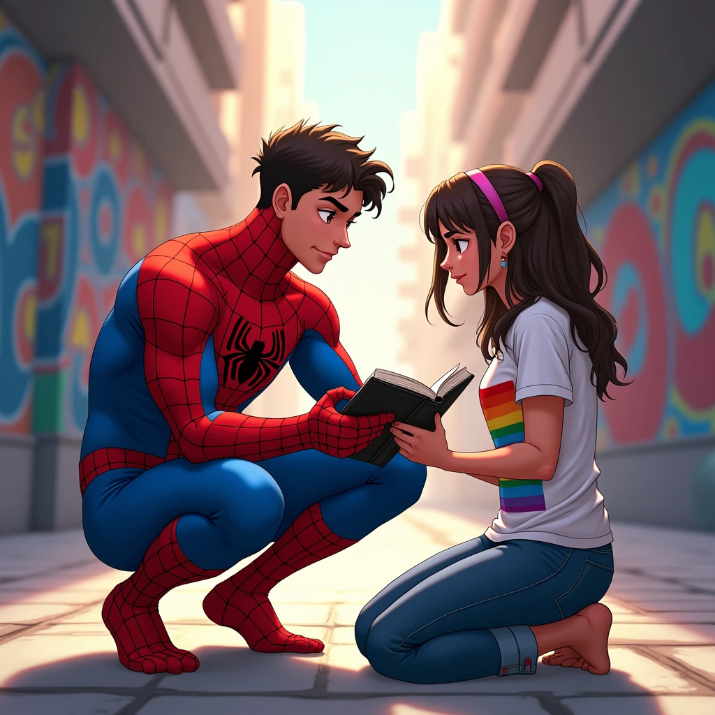 anime art: marvel art style, a masculine 20-year-old male with a big masculine bulge, wearing spider superhero outfit , He's squatting down near a female wearing lgbt shirt to read the bible to her