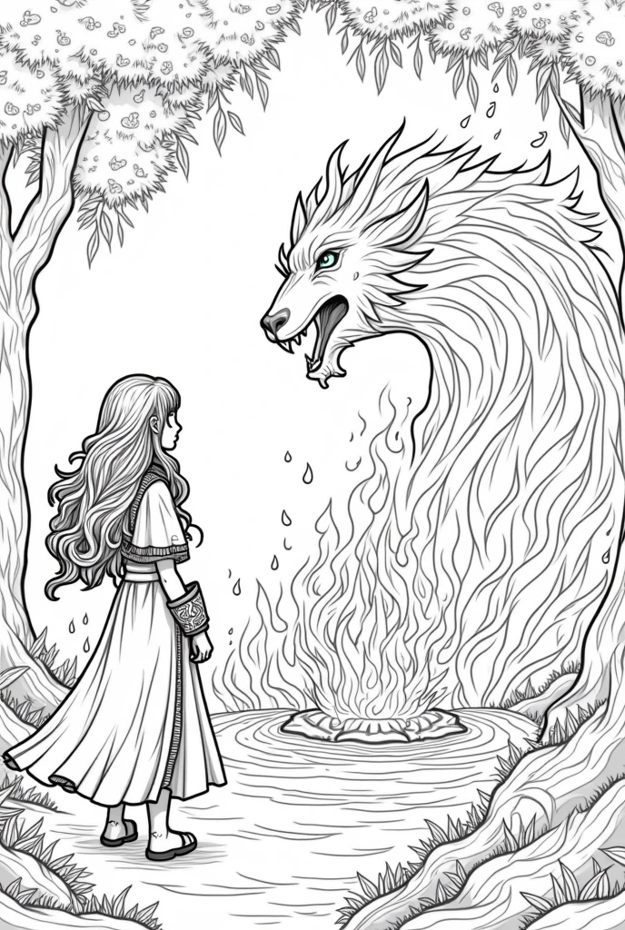 A black-and-white line drawing designed for children to color, depicting Verelia standing before Ignis, the guardian of the flames, in a magical part of the forest. Verelia, with her long, leaf-like hair and flowing cloak made of delicate foliage, is shown facing Ignis, who is depicted as a majestic figure made of swirling fire and glowing embers. The background includes trees with golden, shimmering leaves and a central fire that dances with intricate, defined lines. The scene should have clear, defined outlines with no shading, capturing the dynamic and warm essence of Ignis while maintaining simplicity for easy coloring. The atmosphere should convey a sense of warmth, strength, and magical energy.